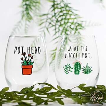 Succulent Plant Cactus Gifts for Women- Set of 2 Funny Wine Glasses 15oz - Plant Lover Gift Mug - What the Fucculent- Pot Head Crazy - Plant Lady Wine Glass Tumbler - Custom Stemless Wine Glasses
