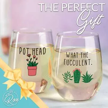Succulent Plant Cactus Gifts for Women- Set of 2 Funny Wine Glasses 15oz - Plant Lover Gift Mug - What the Fucculent- Pot Head Crazy - Plant Lady Wine Glass Tumbler - Custom Stemless Wine Glasses