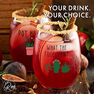 Succulent Plant Cactus Gifts for Women- Set of 2 Funny Wine Glasses 15oz - Plant Lover Gift Mug - What the Fucculent- Pot Head Crazy - Plant Lady Wine Glass Tumbler - Custom Stemless Wine Glasses