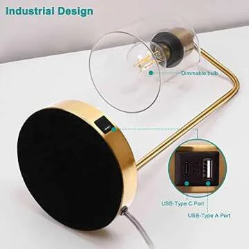 Set of 2 Gold Industrial Table Lamps with 2 USB Ports, Elizabeth Vintage Desk Lamps, 3-Way Dimmable Nightstand Lamps with Glass Shade E26 Bulb for Bedroom Living Room Office, LED Bedside Reading Lamps