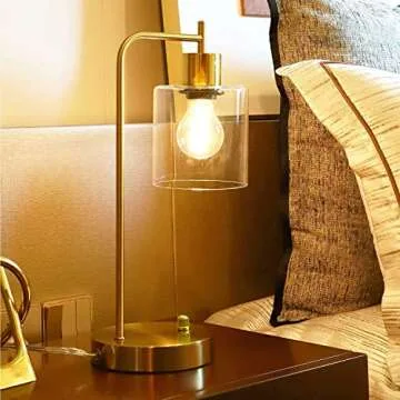 Set of 2 Gold Industrial Table Lamps with 2 USB Ports, Elizabeth Vintage Desk Lamps, 3-Way Dimmable Nightstand Lamps with Glass Shade E26 Bulb for Bedroom Living Room Office, LED Bedside Reading Lamps