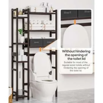 Homde Over The Toilet Storage with Basket and Drawer, Bamboo Bathroom Organizer with Adjustable Shelf & Waterproof Feet Pad, Space Saver Rack for Restroom, Laundry, Brown