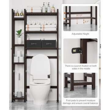 Homde Over The Toilet Storage with Basket and Drawer, Bamboo Bathroom Organizer with Adjustable Shelf & Waterproof Feet Pad, Space Saver Rack for Restroom, Laundry, Brown