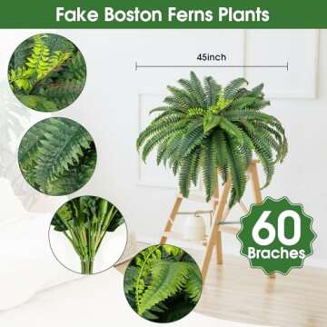 CQURE 45" Fake Ferns Artificial Plants Large,Artificial Boston Ferns Faux Hanging Plants for Outdoors Planter Home Garden Decor,60 Branches