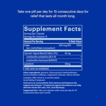 Bonafide Clairvee – Relief from Vaginal Odor – Hormone-Free, Drug-Free Vaginal Probiotic – Reduces Odor, Itching & Discharge* – 30 Day Supply (15 Capsules)