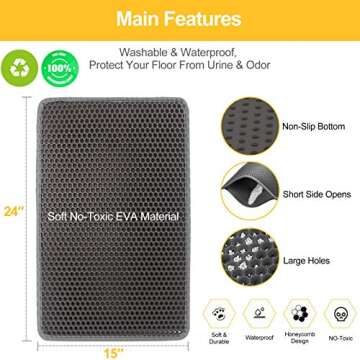 LeToo Cat Litter Mat Grey Trapping for Litter Box, No Slip & Large, Urine & Waterproof, Honeycomb Double Layer Anti Tracking Kitty Mats, No Phthalate, Washable Easy Clean (24" x 15", Grey)