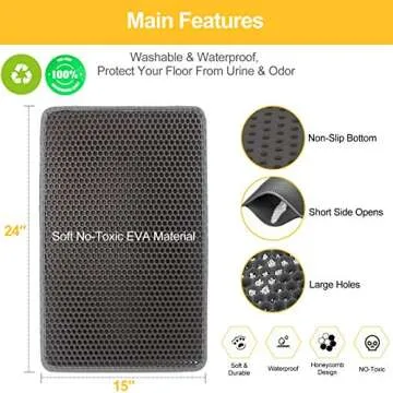 LeToo Cat Litter Mat Grey Trapping for Litter Box, No Slip & Large, Urine & Waterproof, Honeycomb Double Layer Anti Tracking Kitty Mats, No Phthalate, Washable Easy Clean (24" x 15", Grey)