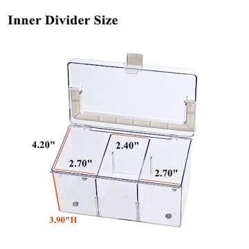 BangQiao Clear Small Plastic Storage Box with Handle, Hinged Lid and 3 Adjustable Compartments, Portable Organizer Case for Sewing, Stationery, Chalk, Art&Craft Supplies, Makeup, First Aid Kit