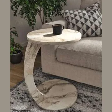 Furpinea Modern C Shaped End Table with Wheels - White Marble