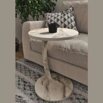 Furpinea Modern C Shaped End Table with Wheels - White Marble