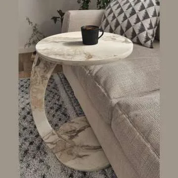 Furpinea Modern C Shaped End Table with Wheels - White Marble