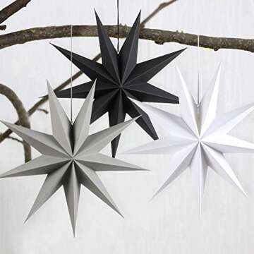 Kiddale 3Pcs 12" Paper Hanging Ornament - Grey, Black, White - Wedding, Christmas, Birthday - 3D Star Decorations for Home Decor & Party Celebration