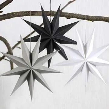 Kiddale 3Pcs 12" Paper Hanging Ornament - Grey, Black, White - Wedding, Christmas, Birthday - 3D Star Decorations for Home Decor & Party Celebration