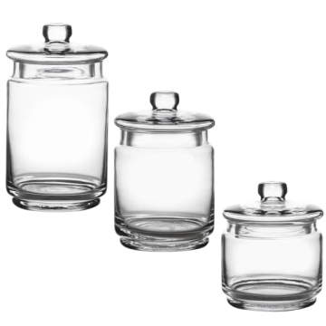 WHOLE HOUSEWARES Glass Apothecary Jars with Lids - Set of 3 for Bathroom Storage, Qtip & Cotton Swab...