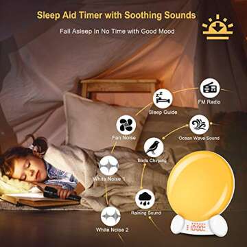 DreamSky Wake Up Light Alarm Clock with FM Radio USB Charging Port for Bedroom, Sun Rising Simulation Clock with Sleep Aid Natural Sound White Noise, 20 Level Nightlight 7-Color Lights Snooze