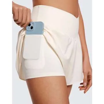 CRZ YOGA Crossover Butterfly Athletic Shorts for Women 2 in 1 Flowy High Waisted for Tennis Running Workout with Pockets White Apricot Small