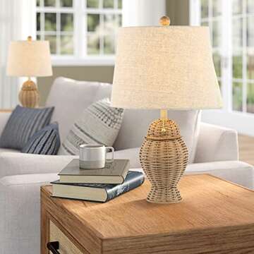 JONATHAN Y JYL4041A-SET2 Set of 2 Table Lamps Margie Wicker 20.5" Bohemian Rustic Iron LED Table Lamp Farmhouse Bedside Desk NightStand Lamp, LED Bulbs Included, Natural/Beige