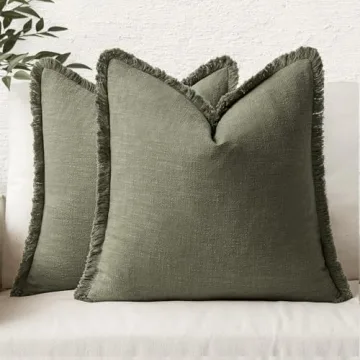 MIULEE Boho Farmhouse Pillow Covers with Fringe in Olive Green - Set of 2, 18x18 Inch