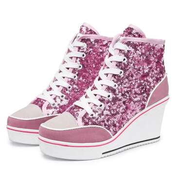 Jiu du Women's Sequins Sneakers Wedge Suede Platform Heels Pump Lace Up High Top Shoes Pink Sequin S...