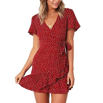 Relipop Summer Women Short Sleeve Print Dress V Neck Casual Short Dresses Red/White