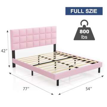 Molblly Full Bed Frame Upholstered Platform with Headboard and Strong Wooden Slats, Non-Slip and Noiseless,No Box Spring Needed, Easy Assembly,Pink