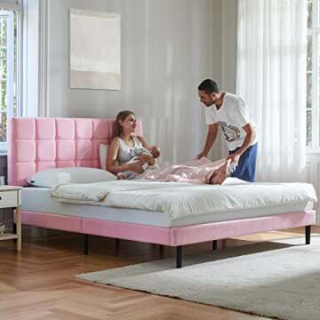 Molblly Full Bed Frame Upholstered Platform with Headboard and Strong Wooden Slats, Non-Slip and Noiseless,No Box Spring Needed, Easy Assembly,Pink