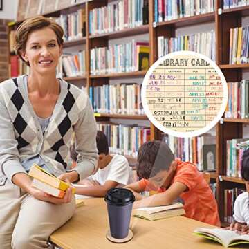 4 Pieces Vintage Library Due Date Card Coaster Set, Retro Coasters Coffee Mug Decoration with Day Stamps Design for Book Lovers, Librarian Gifts, Teacher Appreciation Gifts (Round)
