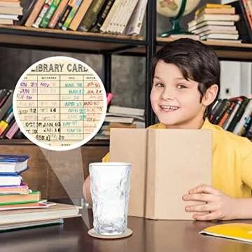 4 Pieces Vintage Library Due Date Card Coaster Set, Retro Coasters Coffee Mug Decoration with Day Stamps Design for Book Lovers, Librarian Gifts, Teacher Appreciation Gifts (Round)