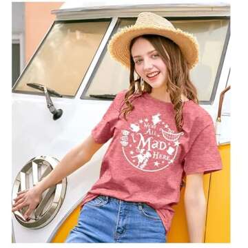 Alice in Wonderland Shirt Women Vacation Shirts We're All Mad Here Tshirt Mad Tea Party Shirt Cute Graphic Tee Tops Pink