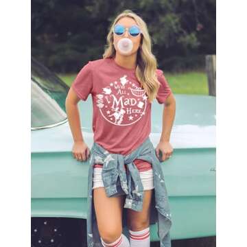 Alice in Wonderland Shirt Women Vacation Shirts We're All Mad Here Tshirt Mad Tea Party Shirt Cute Graphic Tee Tops Pink