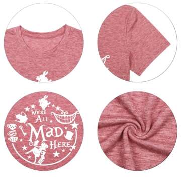Alice in Wonderland Shirt Women Vacation Shirts We're All Mad Here Tshirt Mad Tea Party Shirt Cute Graphic Tee Tops Pink
