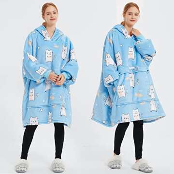 KFUBUO Wearable Blanket Hoodie for Adults Sherpa All Patterns Blue Cat Oversized Sweatshirt Blanket with Pockets Cute Gifts for Women