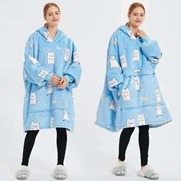 KFUBUO Wearable Blanket Hoodie for Adults Sherpa All Patterns Blue Cat Oversized Sweatshirt Blanket with Pockets Cute Gifts for Women