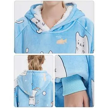 KFUBUO Wearable Blanket Hoodie for Adults Sherpa All Patterns Blue Cat Oversized Sweatshirt Blanket with Pockets Cute Gifts for Women