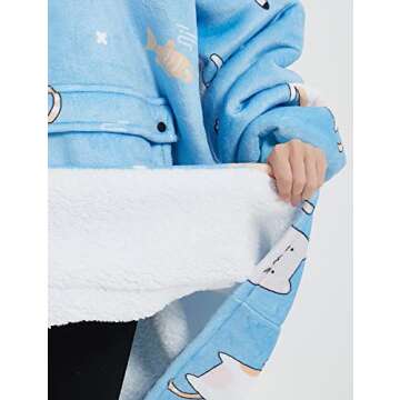 KFUBUO Wearable Blanket Hoodie for Adults Sherpa All Patterns Blue Cat Oversized Sweatshirt Blanket with Pockets Cute Gifts for Women