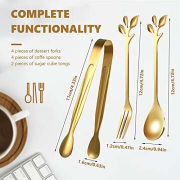 Sieral 10 Pieces Leaf Coffee Spoons, Mini Serving Tongs and Appetizer Forks Stainless Steel Sugar Cu...
