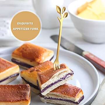 Sieral 10 Pieces Leaf Coffee Spoons, Mini Serving Tongs and Appetizer Forks Stainless Steel Sugar Cube Tongs Dessert Spoons Metal Dinner Forks for Dessert Coffee Tea (Gold)