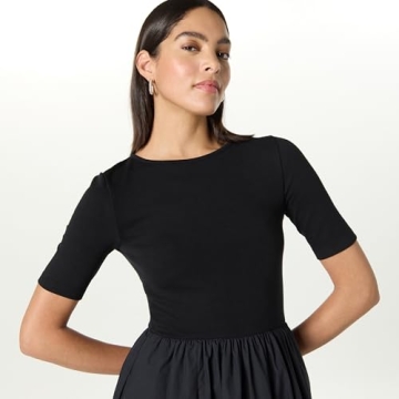The Drop Women’s Barrett Short Sleeve Mixed Media Dress, Black, XXS