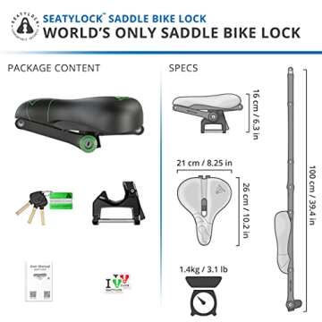 Seatylock Hybrid Saddle Bike Lock - Multi Patent 2 in 1 Locking Bike Doubles As Seat or Bicycle Guard - Innovative Lightweight Anti Theft Bicycle Lock and Saddle with Keys