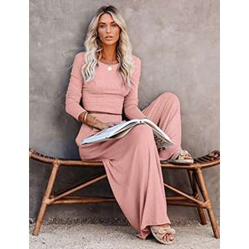 Frolitre Women's Fashion Ribbed Knit Two Piece Sweatsuit Crop Tops Long Pants Lounge Pajamas Sets Pink