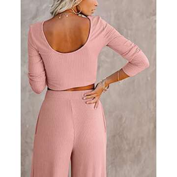 Frolitre Women's Fashion Ribbed Knit Two Piece Sweatsuit Crop Tops Long Pants Lounge Pajamas Sets Pink