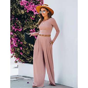 Frolitre Women's Fashion Ribbed Knit Two Piece Sweatsuit Crop Tops Long Pants Lounge Pajamas Sets Pink
