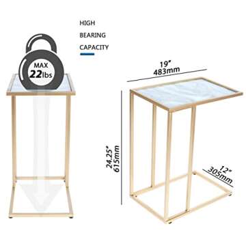 DOWLVN Rectangle Gold Marble Glass C Shaped Snack Drink Table, Side End Table Slide Under Couch for Sofa Coffee Laptop Living Room Bedroom Small Space
