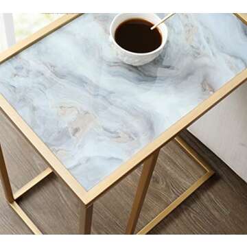DOWLVN Rectangle Gold Marble Glass C Shaped Snack Drink Table, Side End Table Slide Under Couch for Sofa Coffee Laptop Living Room Bedroom Small Space