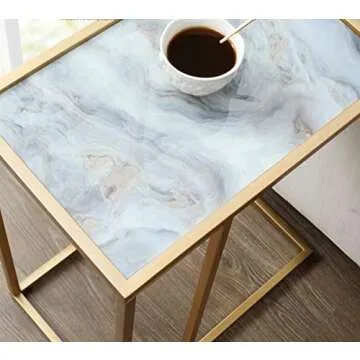 DOWLVN Rectangle Gold Marble Glass C Shaped Snack Drink Table, Side End Table Slide Under Couch for Sofa Coffee Laptop Living Room Bedroom Small Space