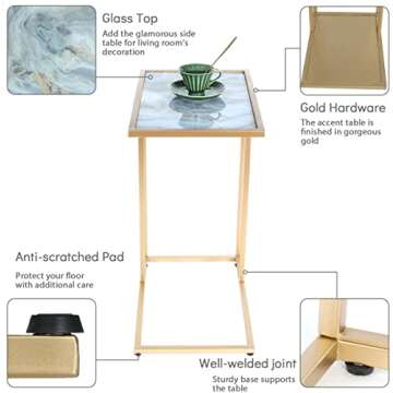 DOWLVN Rectangle Gold Marble Glass C Shaped Snack Drink Table, Side End Table Slide Under Couch for Sofa Coffee Laptop Living Room Bedroom Small Space
