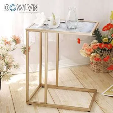 DOWLVN Rectangle Gold Marble Glass C Shaped Snack Drink Table, Side End Table Slide Under Couch for Sofa Coffee Laptop Living Room Bedroom Small Space
