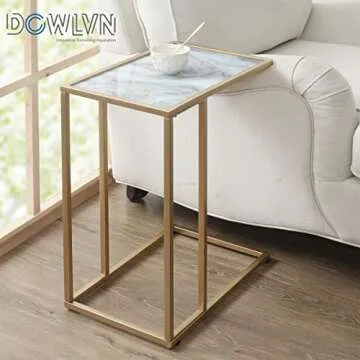 DOWLVN Rectangle Gold Marble Glass C Shaped Snack Drink Table, Side End Table Slide Under Couch for Sofa Coffee Laptop Living Room Bedroom Small Space