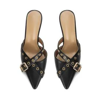 Dsevht Black Kitten Heels for Women Pointed Toe Heels Dressy Bow Heels Vintage Heels Mules Sexy Pointy Studded Heels Slip on Stiletto Heels Pumps