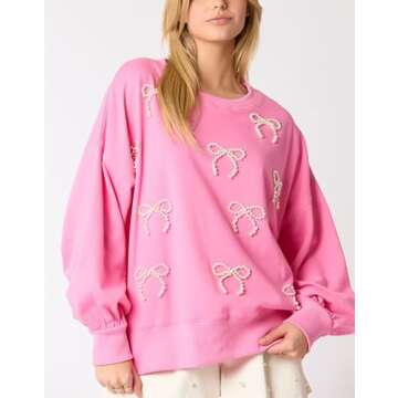 Y2k Pearl Bow Sweatshirt for Women - Oversized Long Sleeve Pullover Top